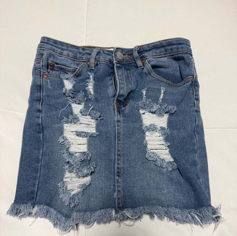 Almost Famous Distressed Denim Mini Skirt with Frayed Hem